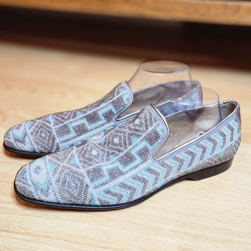 Donald J Pliner Beaded Loafers Blue Grey Ivory Mens Size 8 Made In Italy